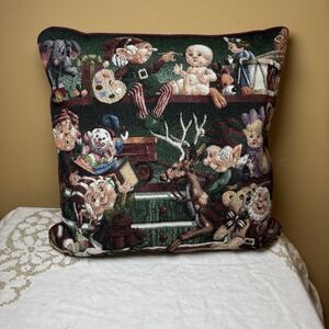 Vintage Santas Workshop Christmas Elves‎ Tapestry Square Throw Pillow 14"x15"